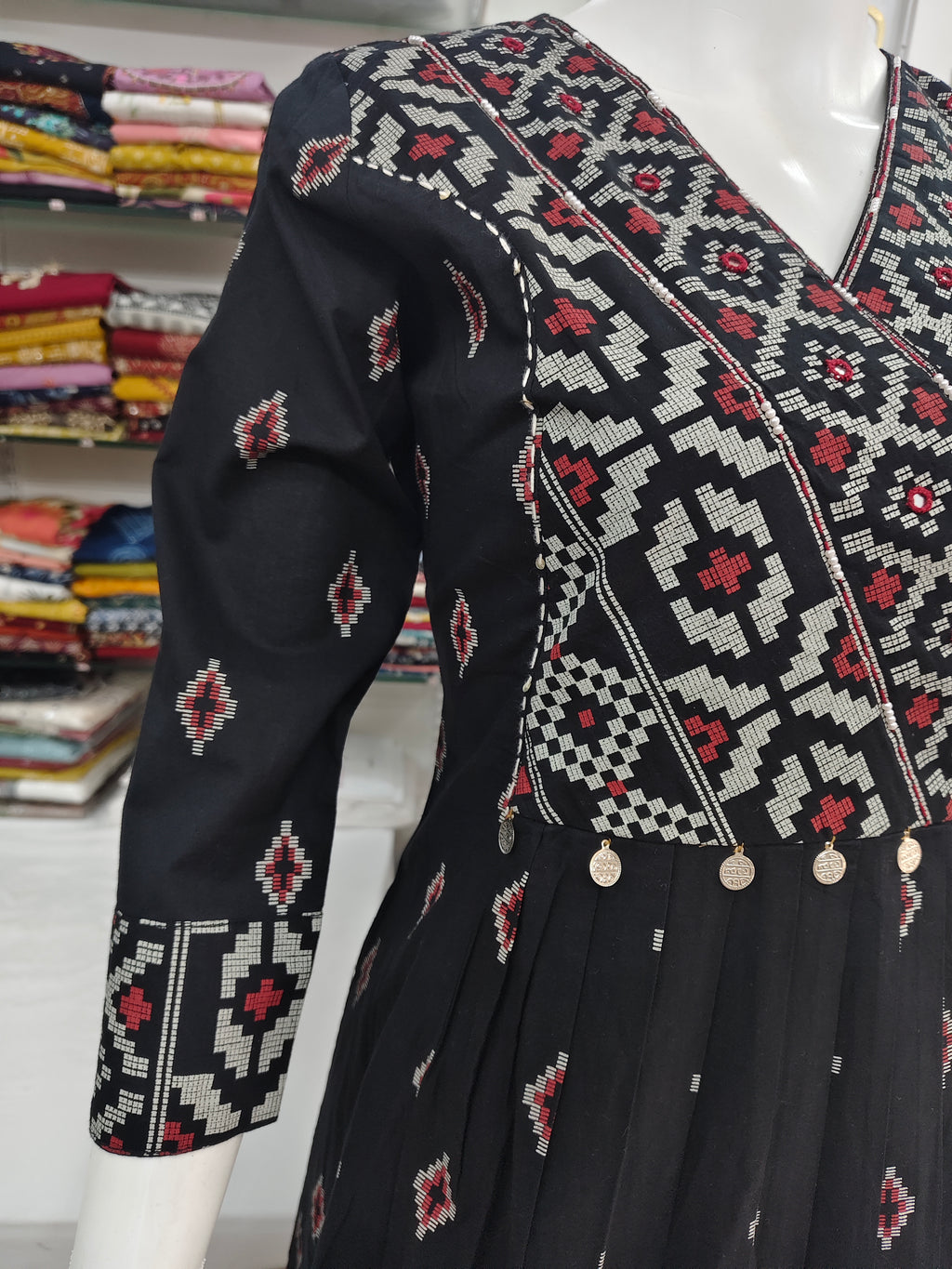 Elegant Black Printed Cotton Kurti with Coin Detail | A-Line Ethnic Dress for Women