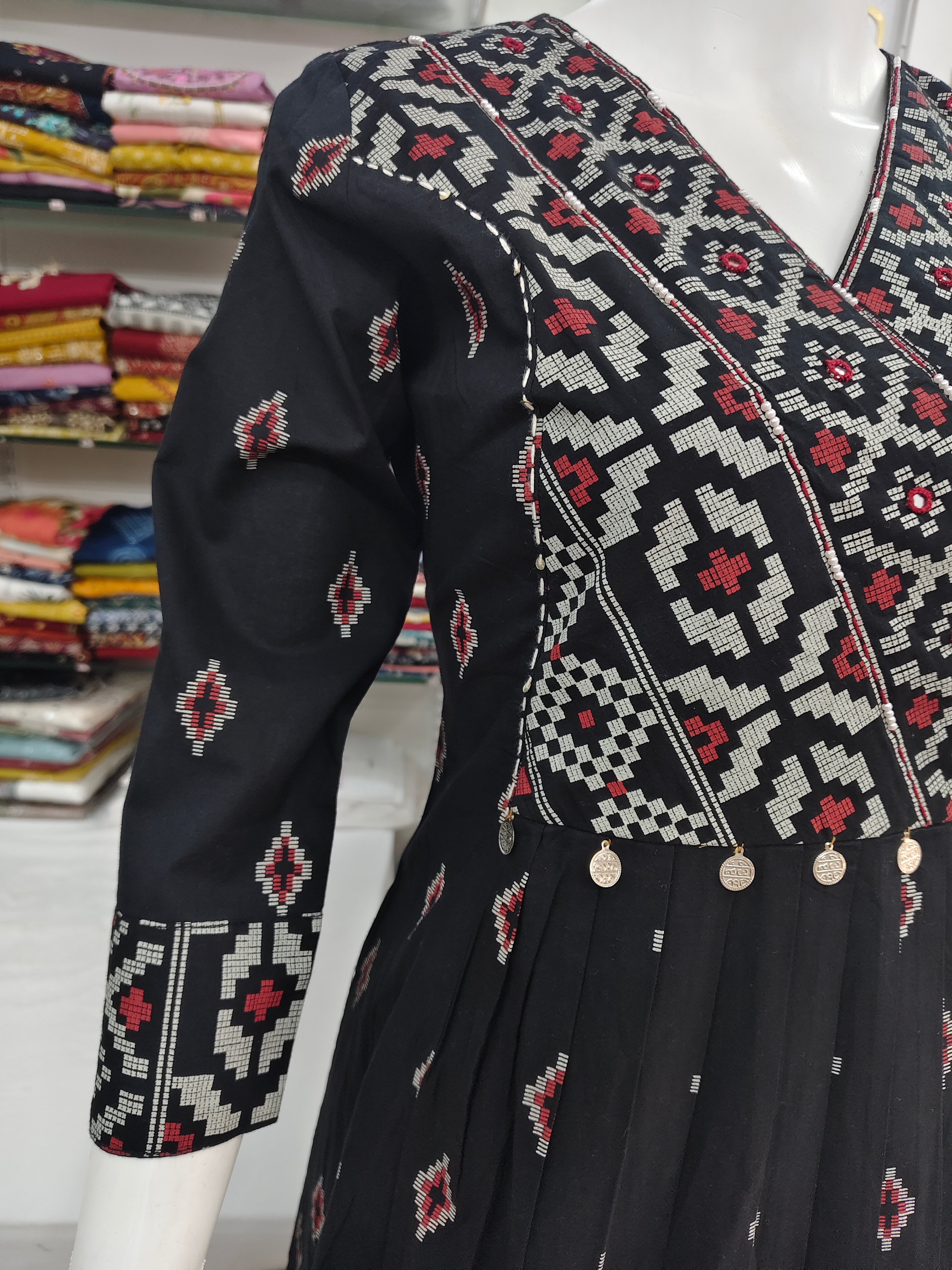 Elegant Black Printed Cotton Kurti with Coin Detail | A-Line Ethnic Dress for Women