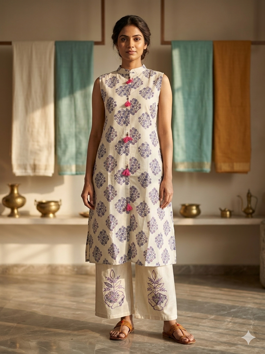 Elegant Cotton Flex Printed Kurti with Palazzo Set (2-Piece | Sleeves Attached Inside)
