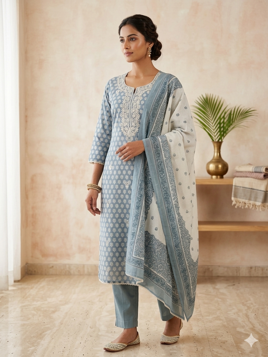 Powder Blue Handblock Printed Cotton Suit Set with Embroidered Neckline & Dupatta