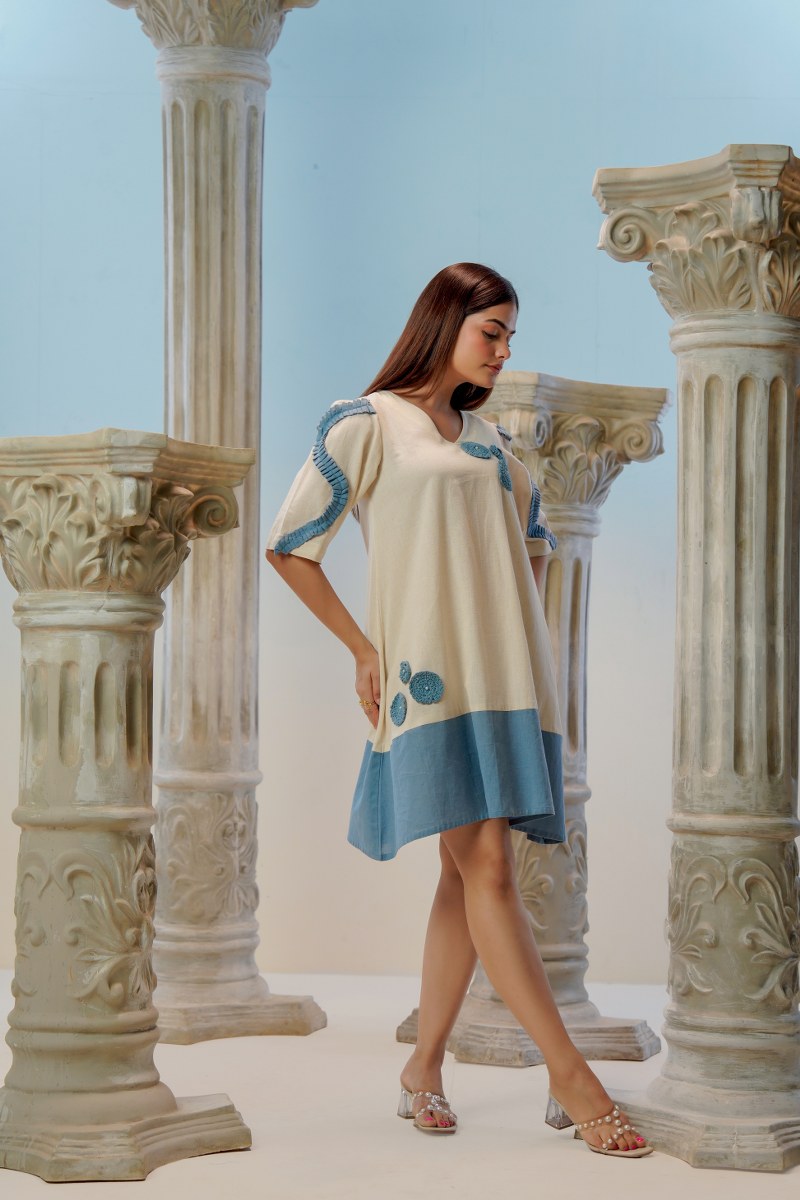 Beige & Blue Cotton Flex A-Line Frock with Handcrafted Appliqué Work