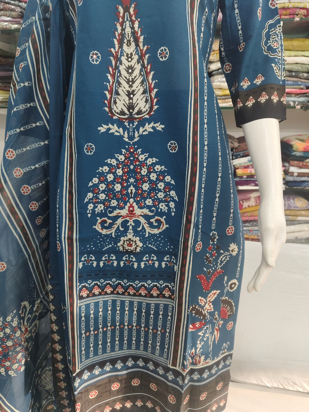 Elegant Blue Printed Cotton 3 Piece Suit Set with Dupatta