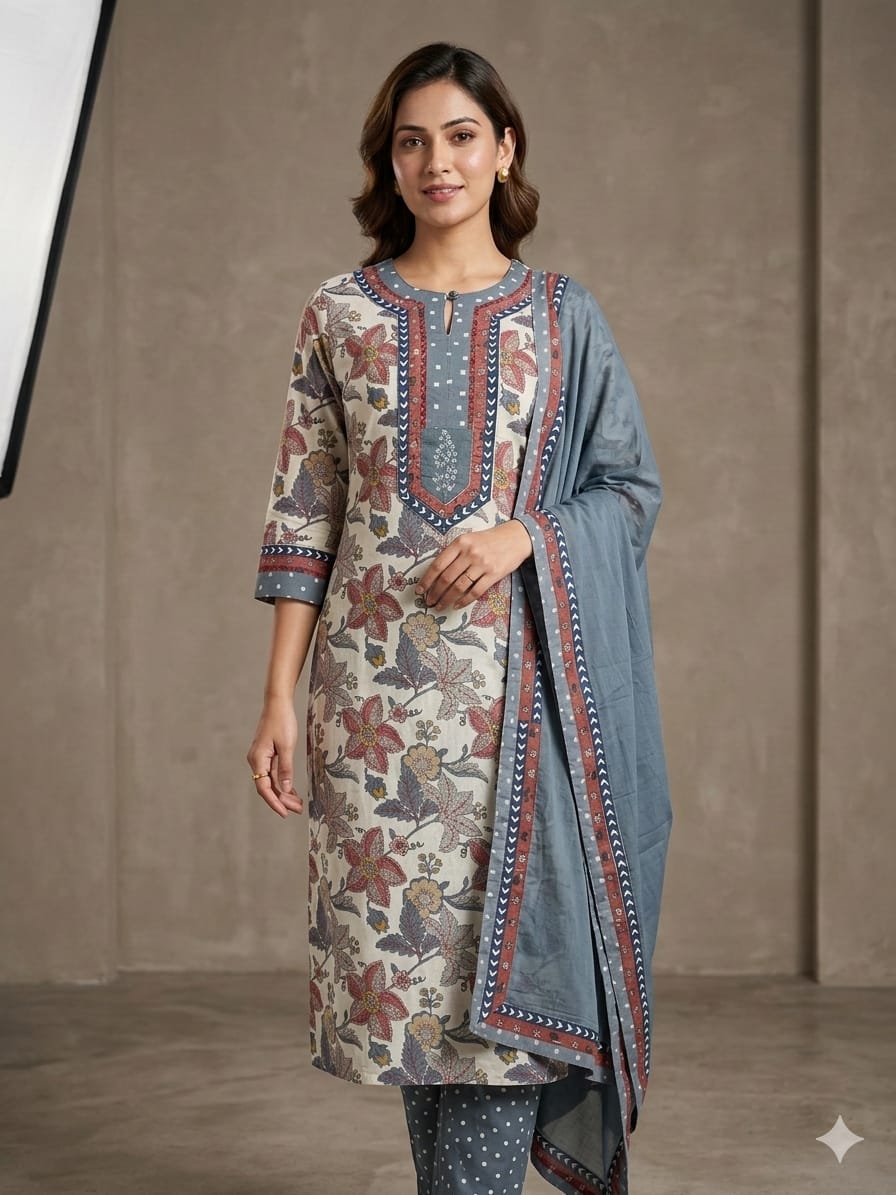 Elegant Floral Printed Cotton Kurta Set with Pants & Dupatta – Blue