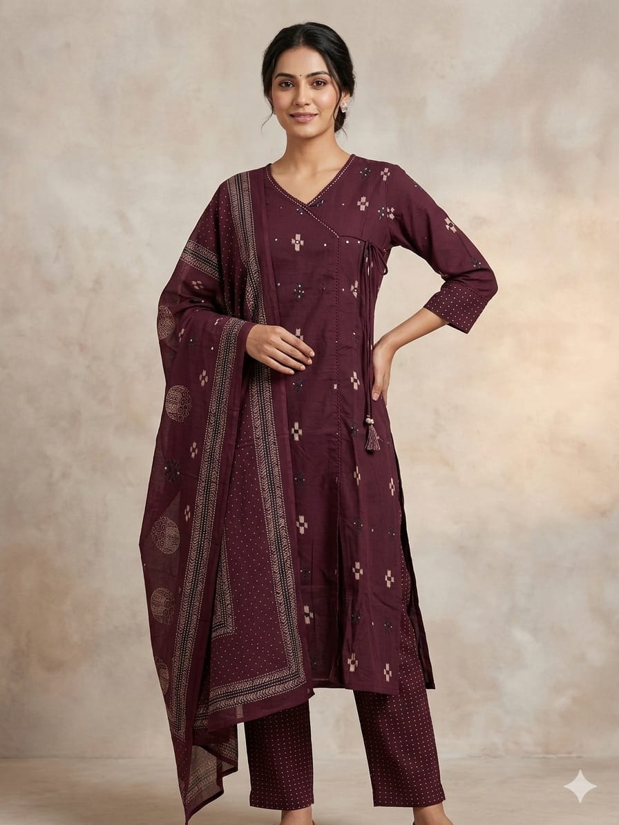 Elegant Wine Cotton Printed Kurta Set with Dupatta – 3 Piece Ethnic Suit