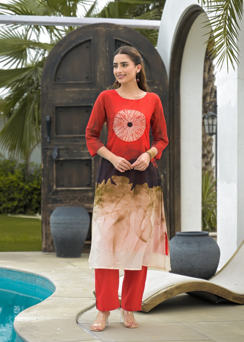 Red Ombre Smoke Printed with Tie-Die Mul Cotton A-Line Kurti with Pants | Designer 2-Piece Ethnic Set for Women