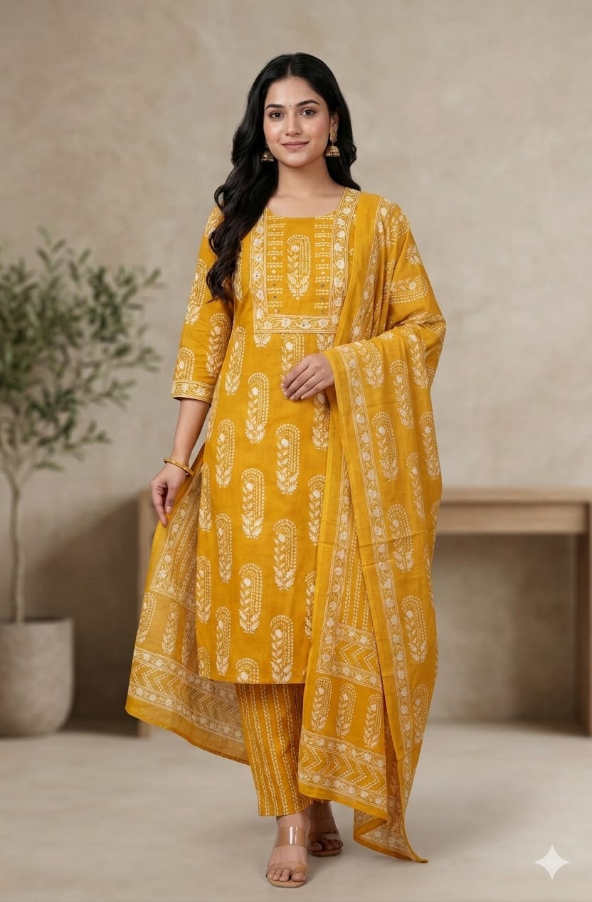 Mustard Yellow Pure Cotton Printed Kurta Pant Dupatta Set for Women | Ethnic 3 Piece Suit