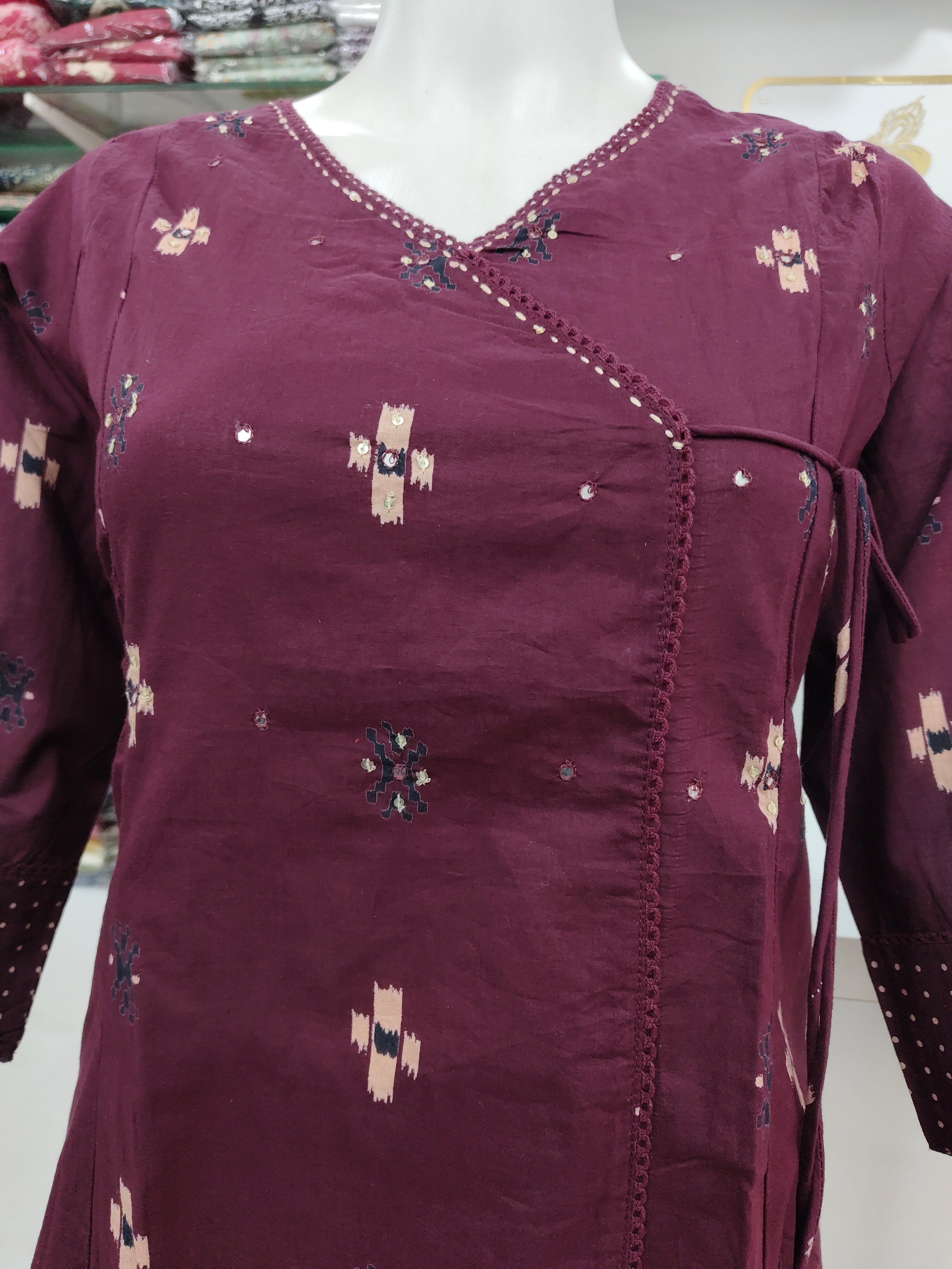 Elegant Wine Cotton Printed Kurta Set with Dupatta – 3 Piece Ethnic Suit
