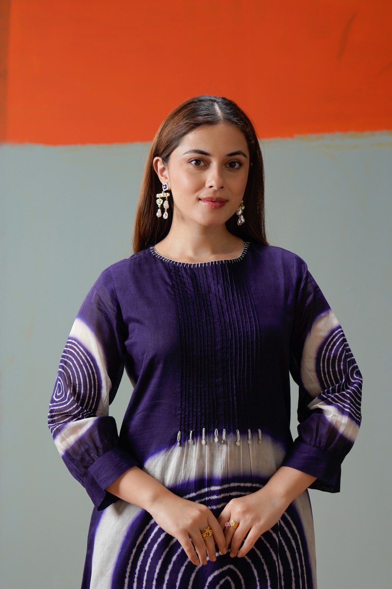 Pure Mul Royal Indigo Tie-Dye Pleated Kurta Set with both side pocket