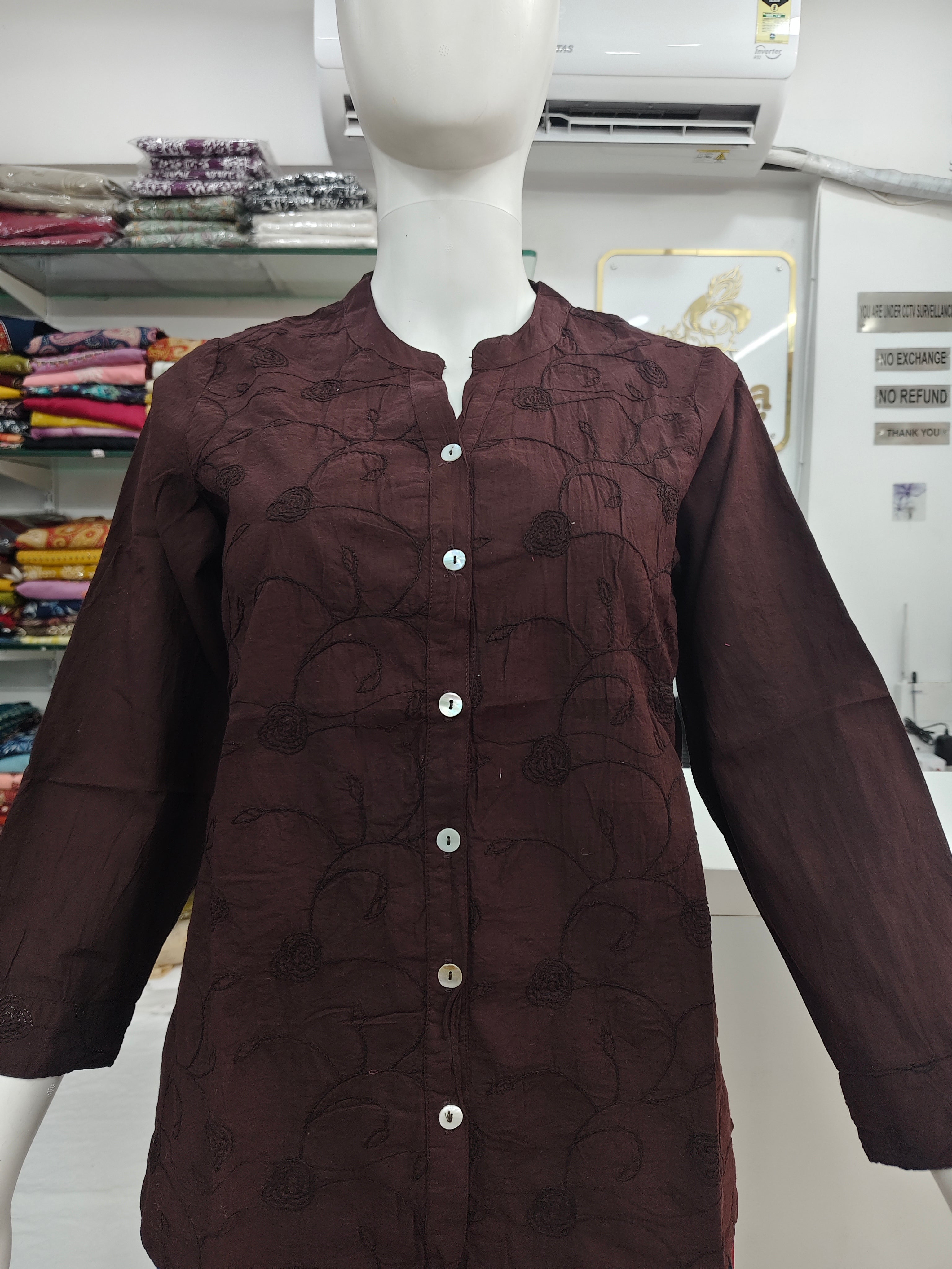 Elegant Coffee Brown Embroidered Cotton Shirt for Women