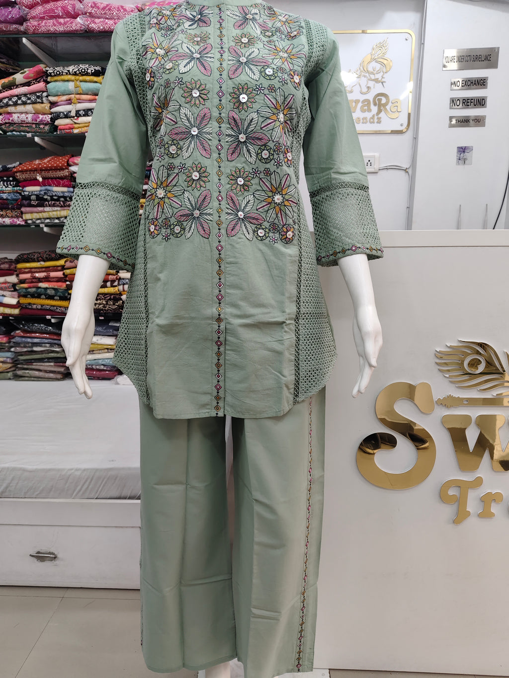 Sage Pastel Green Embroidered and Crochet Co-Ord Set