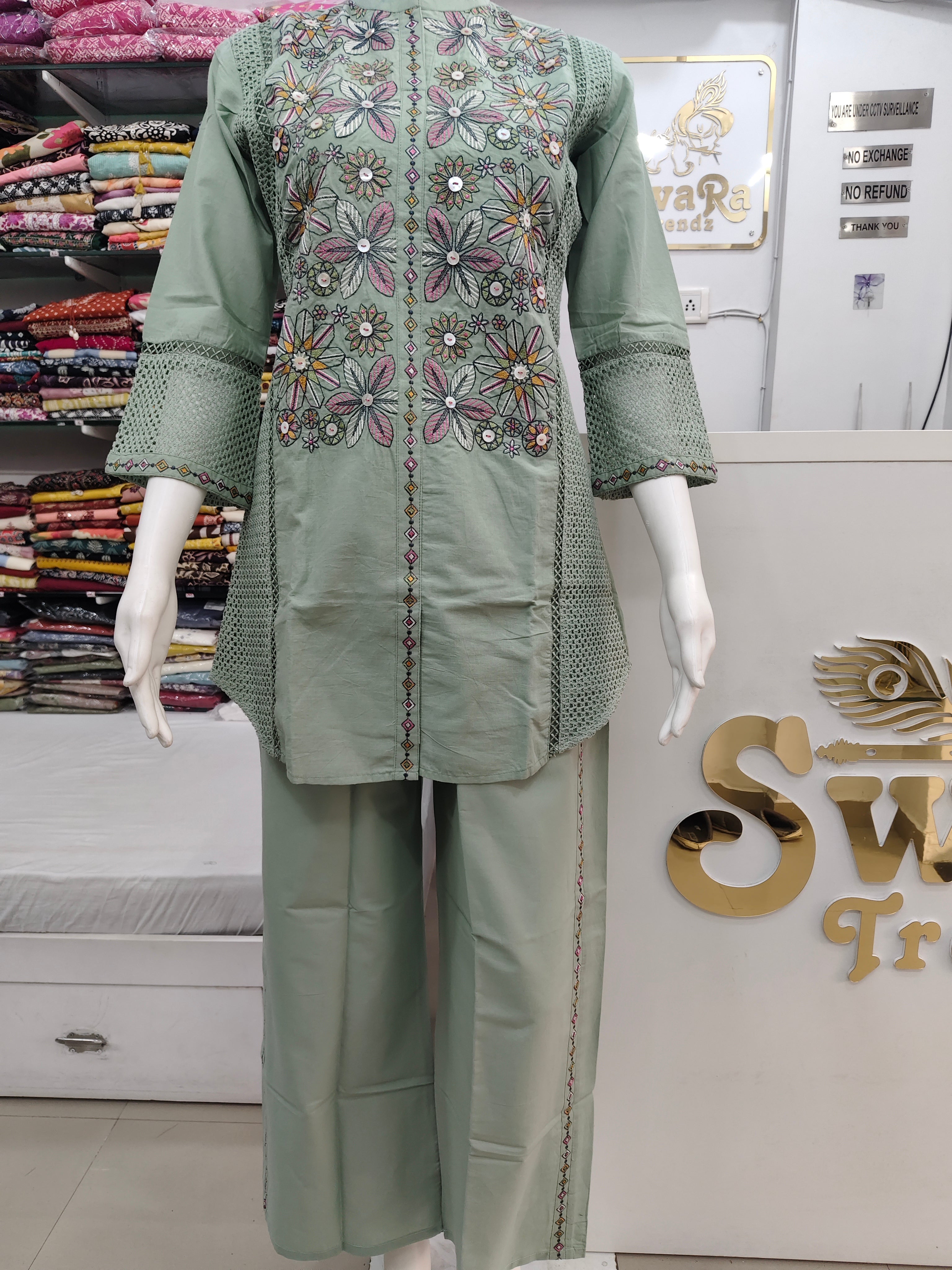 Sage Pastel Green Embroidered and Crochet Co-Ord Set