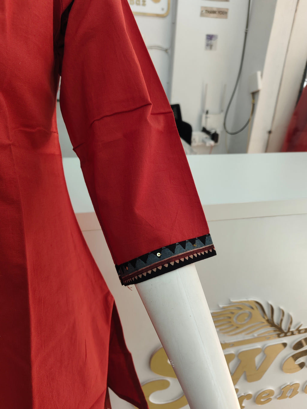 Elegant Rust Red Cotton Short Top with Handcrafted Ethnic Panel Design