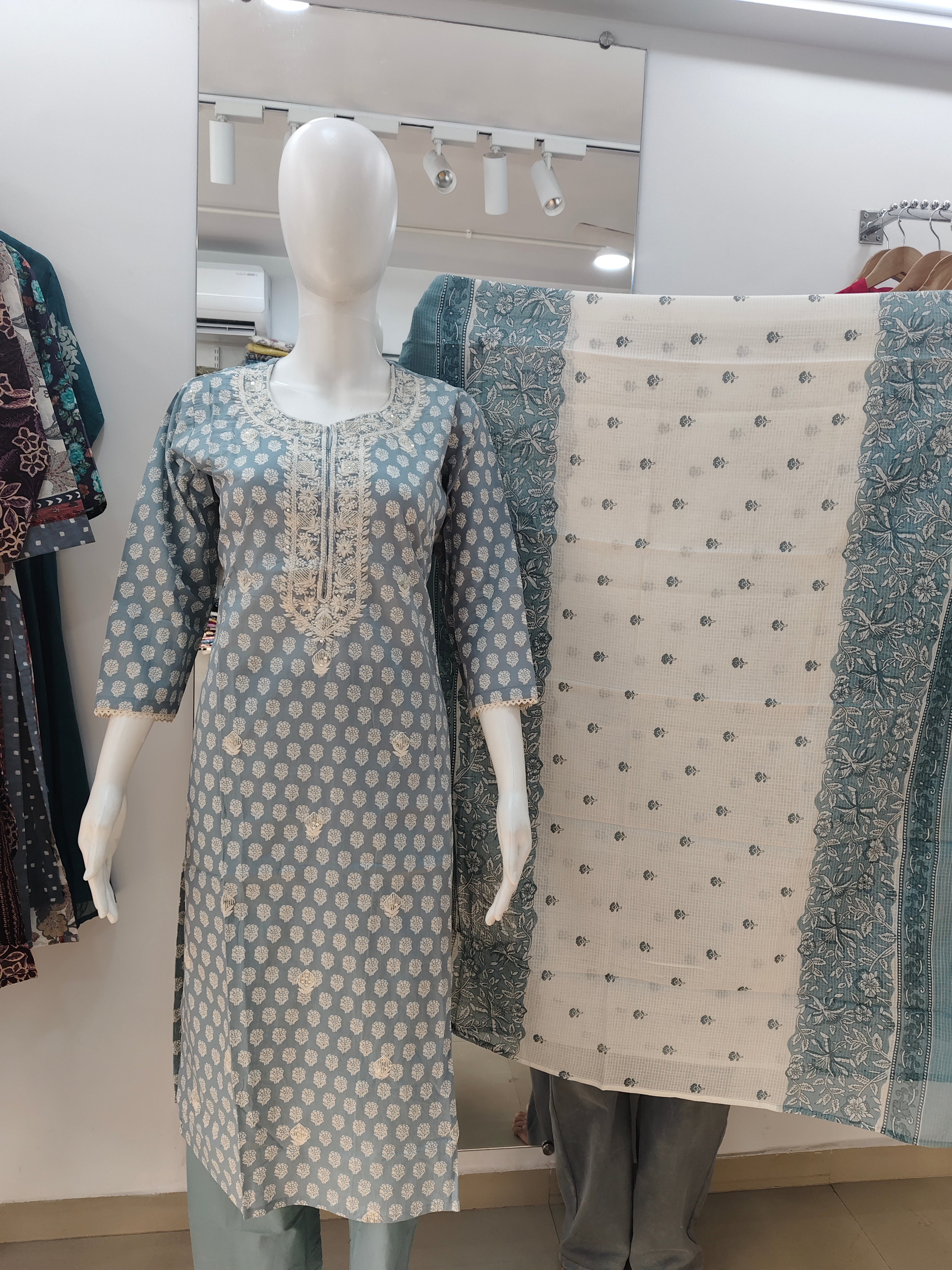 Powder Blue Handblock Printed Cotton Suit Set with Embroidered Neckline & Dupatta