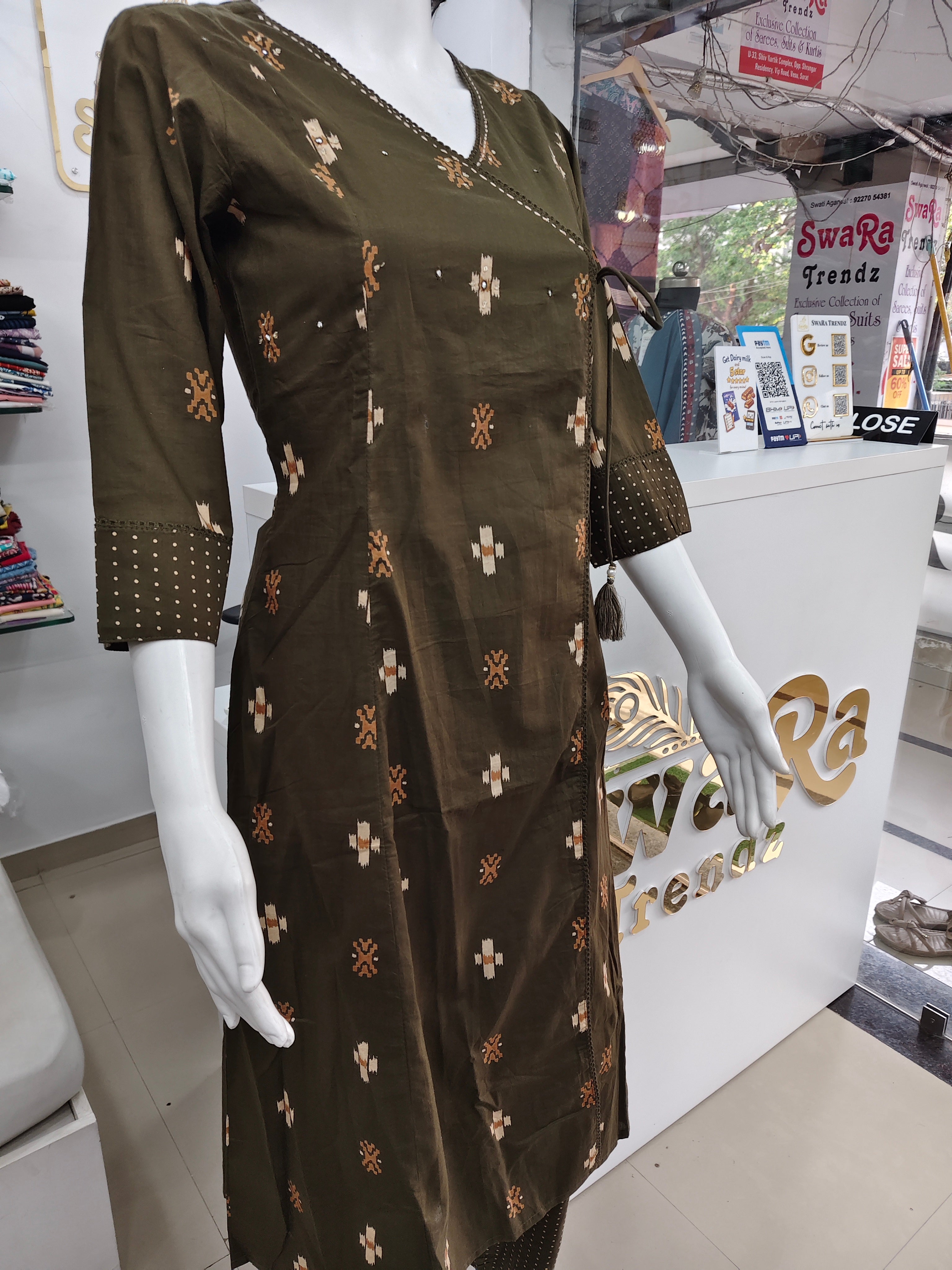 Olive Green Handblock Printed Angrakha Cotton Kurta Set with Dupatta