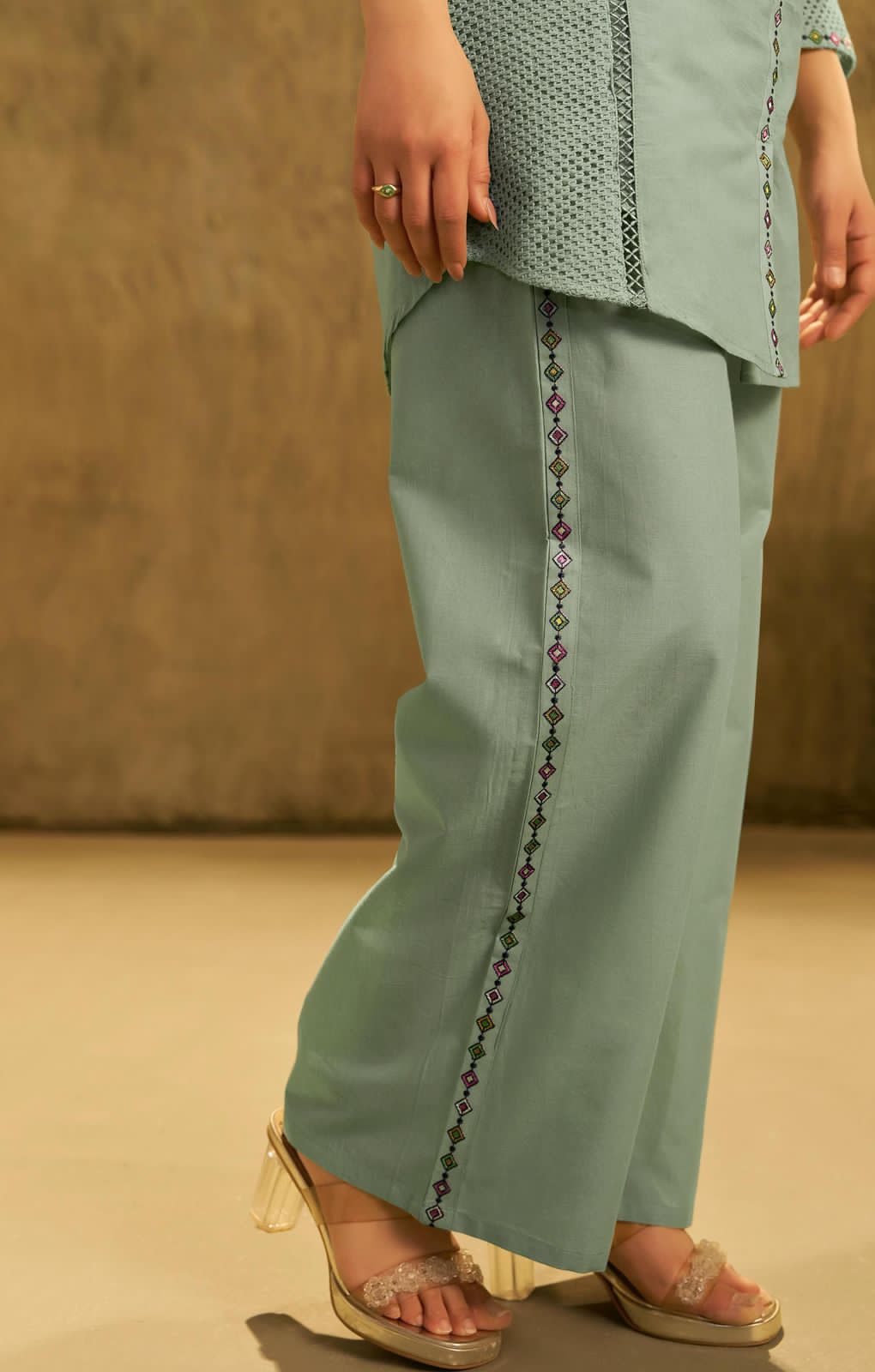 Sage Pastel Green Embroidered and Crochet Co-Ord Set