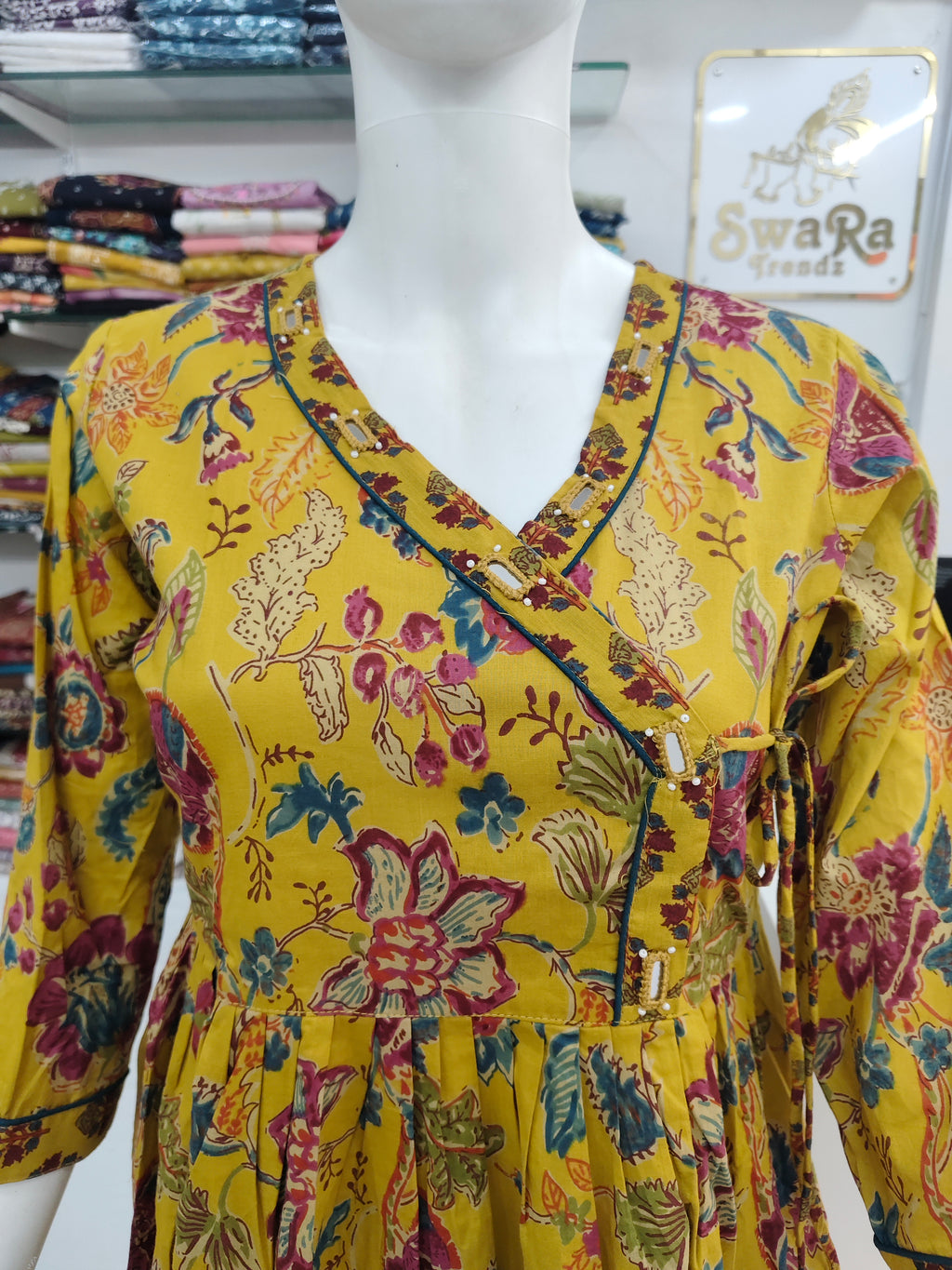 Mustard Yellow Floral Cotton Kurti with Printed Pant (2-Piece Set)