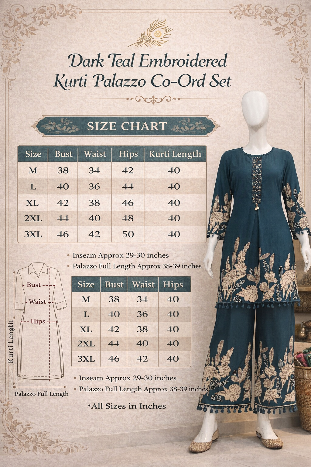 Dark Teal Embroidered Kurti Palazzo Co-Ord Set for Women